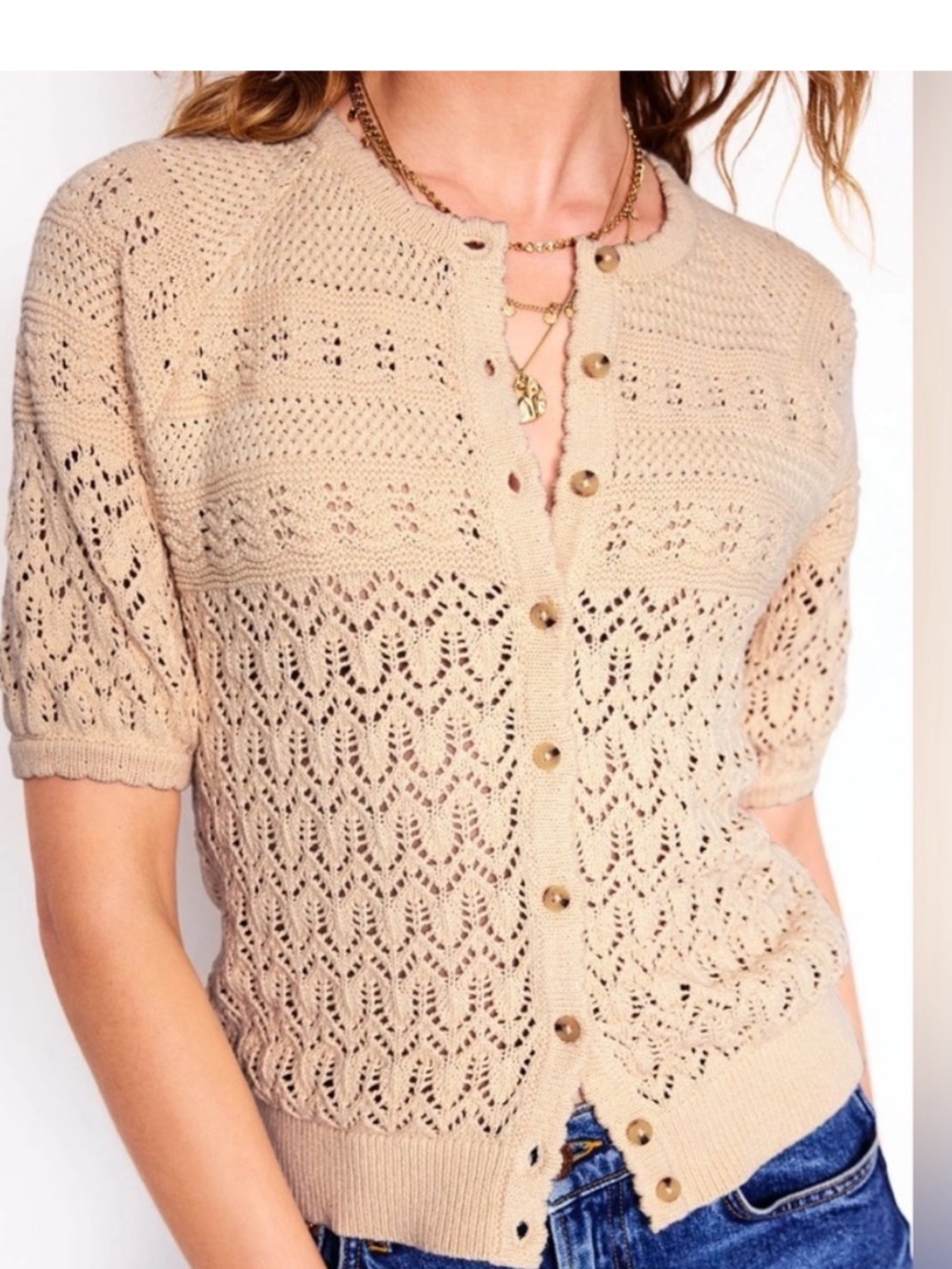 Boden Elodie Cotton Stitch Crew Cardigan Knit Short Sleeve
